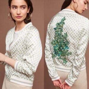 Anthropoligie Floral Embroidered Bohemian Cream Green Satin Bomber Jacket